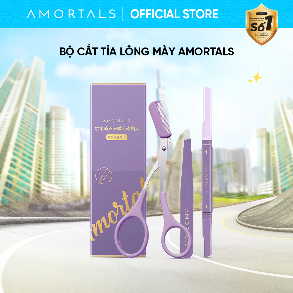 Bộ Dụng Cụ Tỉa Lông Mày 3 Món Amortals Tiện Dụng, Dao Cạo Hai Đầu, Kéo, Nhíp Không Gỉ