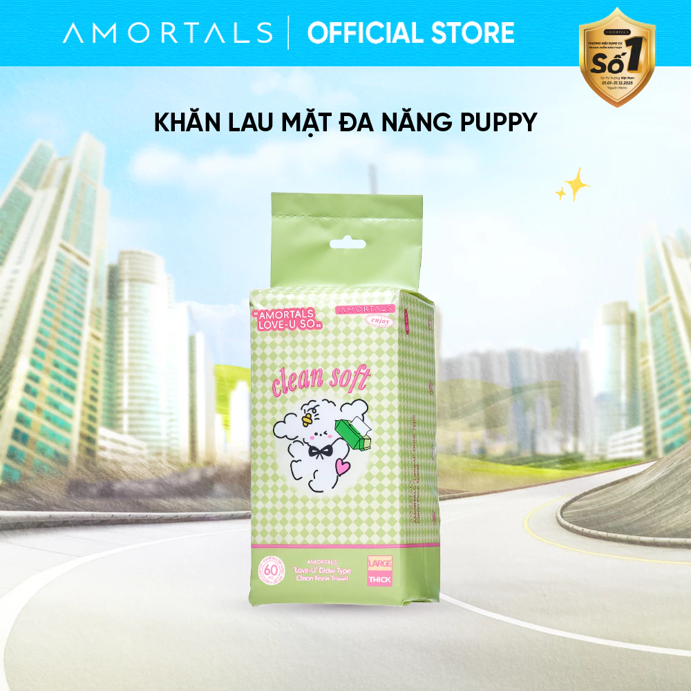 Túi 60 Khăn Mặt Đa Năng Puppy AMORTALS Dạng Rút Tiện lợi, Khăn Mềm Mại, Thân Thiện Với Da, Dùng Một Lần