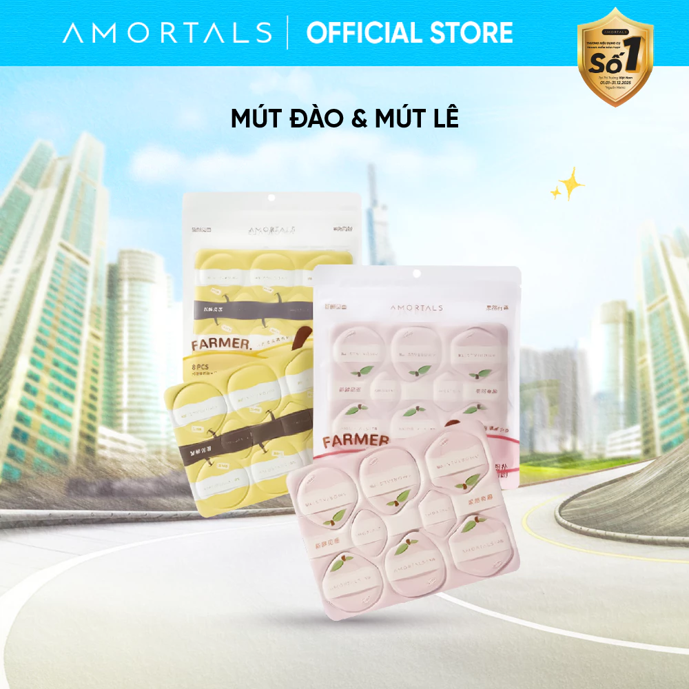 Set 8 Mút Tự Xé AMORTALS Peach Farm Dùng Khô Ướt, Thiết Kế Vỉ, Siêu Mềm, Tiện Dụng