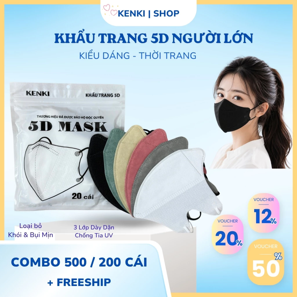 COMBO 500 Cái Khẩu Trang 5D KENKI Chống Tia UV, 3 Lớp Kháng Khuẩn Cao Cấp
