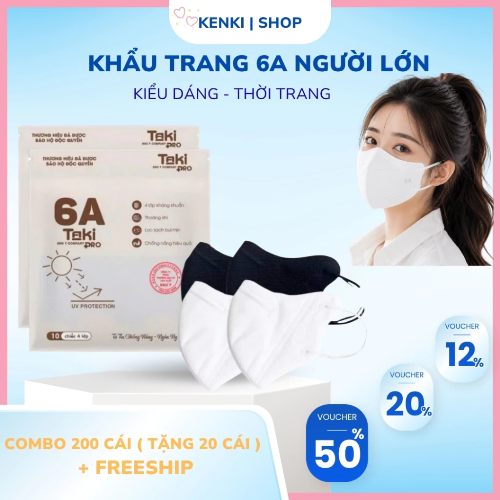 Combo 200 Cái Khẩu trang 6A Chính Hãng 4 lớp kháng khuẩn Dày Dặn chống tia UV Size(38-65kg)