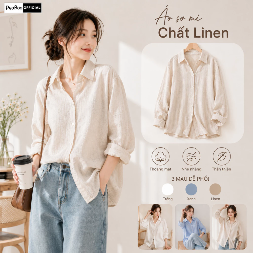 Áo Sơ Mi Nữ, Sơ Mi Nam Nữ Dài Tay Unisex By PEABOO Mã BST10 Theu Chất Đũi Xước Form Rộng Dễ Phối Đồ