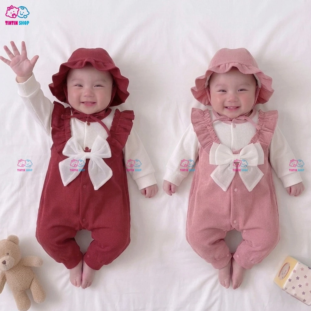 [Tặng mũ] Bodysuit dễ thương xinh xắn cho bé gái nhung tăm Body dài tay mặc thôi nôi đầy tháng NGỰC BÈO KÈM MŨ SLT136