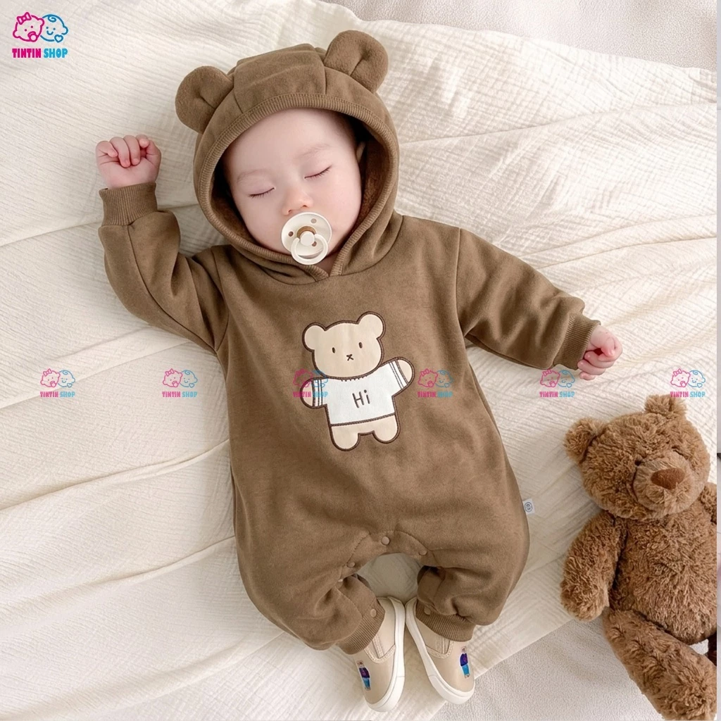 Bodysuit liền mũ dài tay cotton da cá dày dặn cho bé trai bé gái sơ sinh 0-12 tháng Áo liền quần SLT177