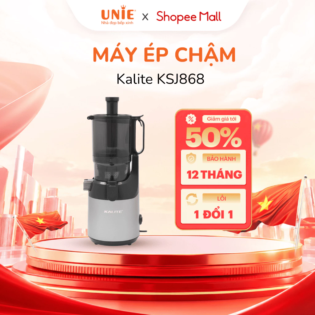 Máy ép chậm Kalite KSJ868 ống tiếp nguyên liệu lớn ép nguyên trái, ép kiệt bã, làm kem,cồng suất 250W, bảo hành 12 tháng
