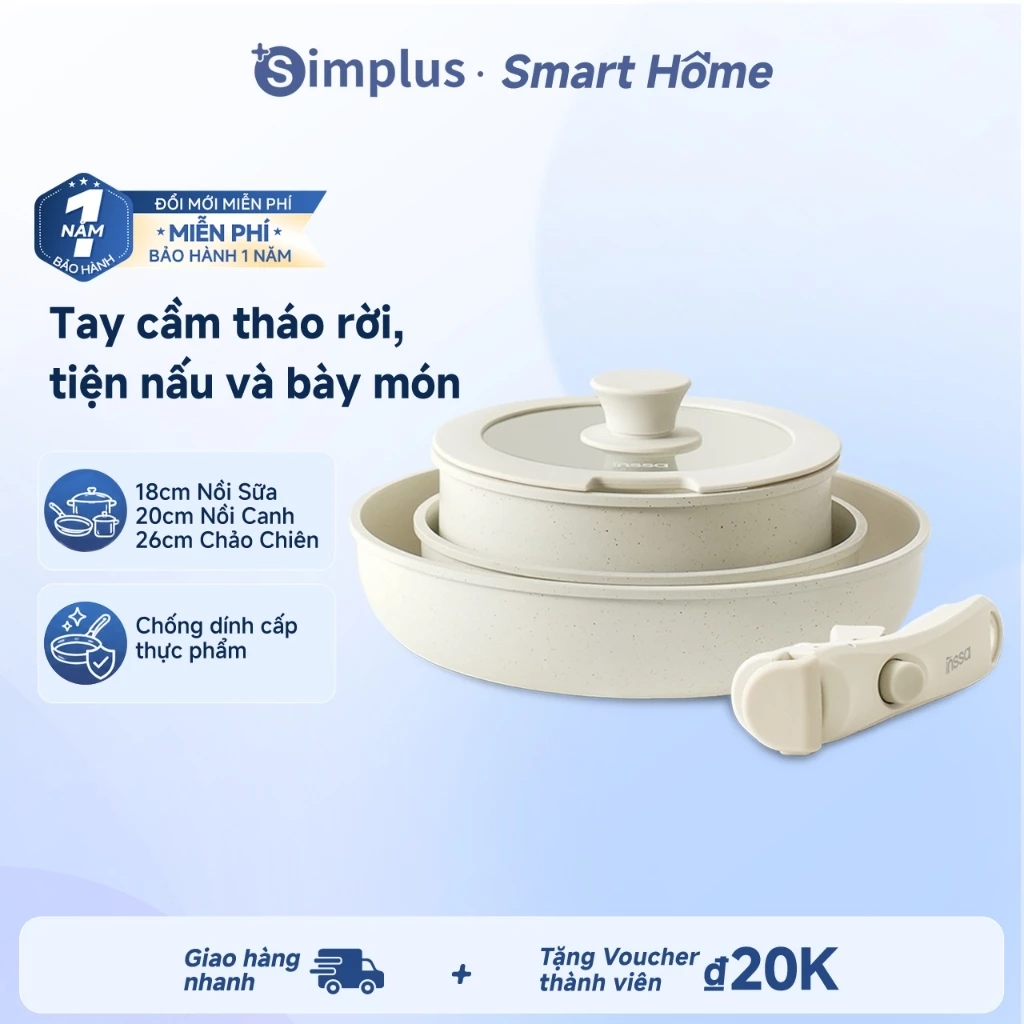 Simplus Bộ Nồi Chảo Chống Dính 3 Món Tay Cầm Tháo Rời 18cm/20cm/26cm GUOJ038FZ - Bảo Hành 1 Năm