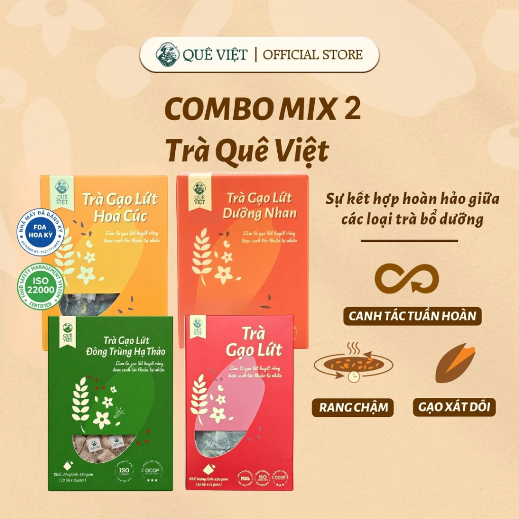 COMBO MIX 2 HỘP - Trà gạo lứt, Trà gạo lứt đông trùng 450g (30 túi x 15g), Trà gạo lứt dưỡng nhan 200g (20 túi x 10g)