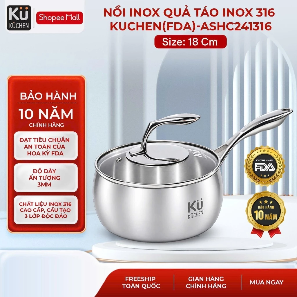 Chảo inox 316 quả táo (Đạt chuẩn FDA - Hoa kỳ)18cm cao cấp KUCHEN ASHS181316- BẢO HÀNH 10 NĂM