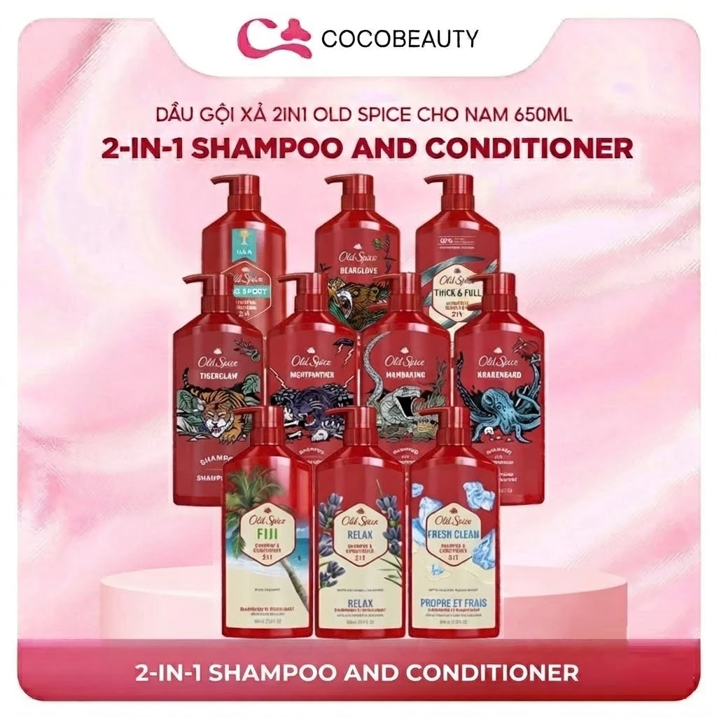 Dầu Gội & Xả 2in1 Old Spice Shampoo Conditioner Shampooing Et Revitalisant 650ml (Nhiều Mùi Hương)