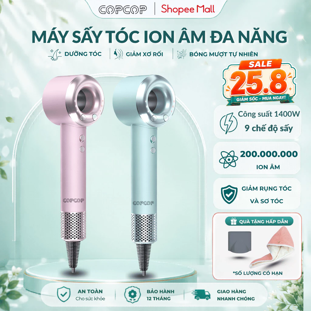 Máy sấy tóc COPCOP ion âm 200 triệu, sấy 2 chiều bảo vệ tóc, 9 chế độ điều chỉnh, bảo hành 12 tháng