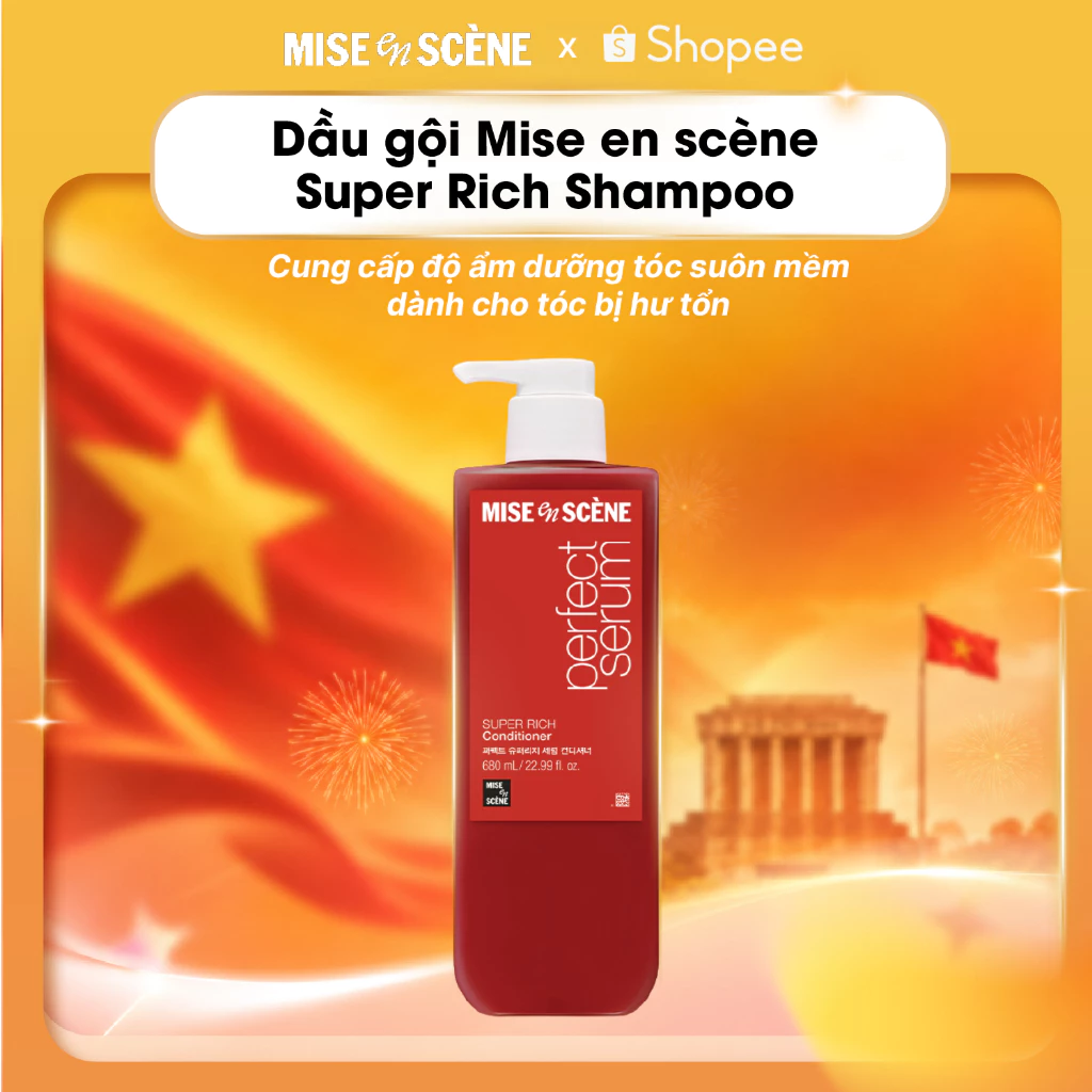 [SIZE LỚN 680ML] Dầu gội Mise en Scène Perfect Serum Super Rich Shampoo dành cho tóc hư tổn nặng do uốn, nhuộm