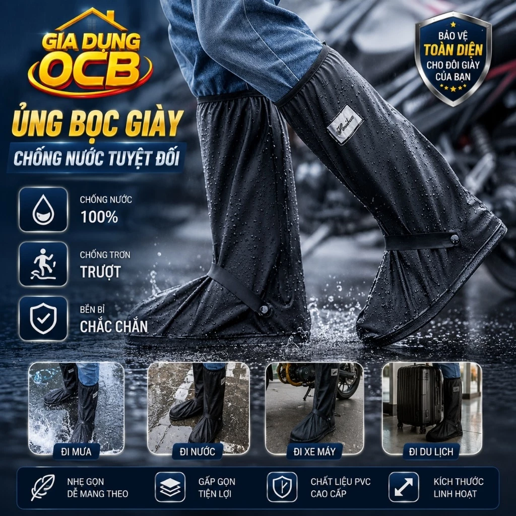 Ủng đi mưa cổ cao PVC 2 lớp chống thấm nước 100% khóa kéo đế cao su chống trơn trượt màu đen trắng