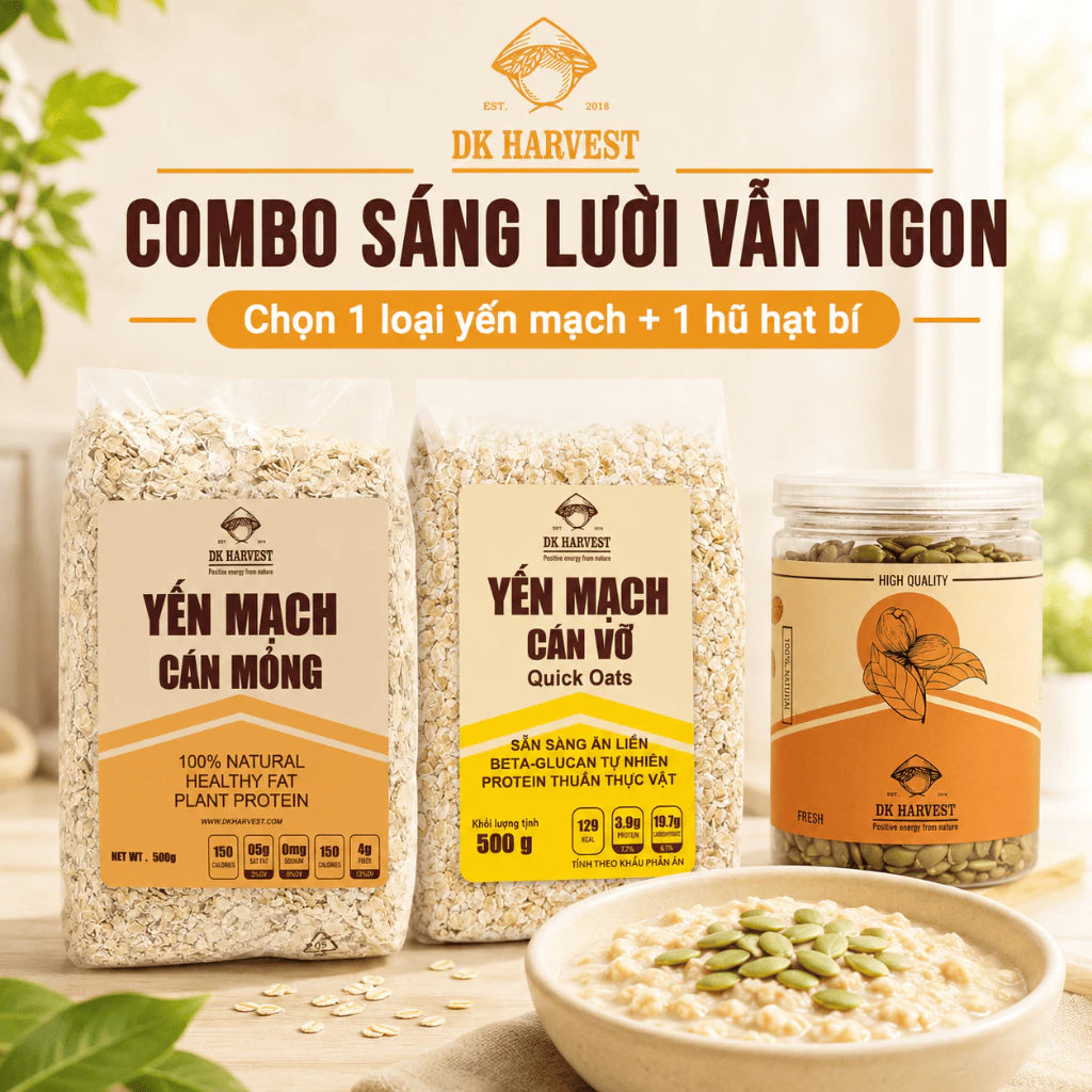 Combo Sáng Lười Vẫn Ngon DK Harvest - Yến Mạch Hạt Bí Rang Mộc, Ăn Nhanh, Sữa Chua, Granola, Overnight Oats, Làm Bánh