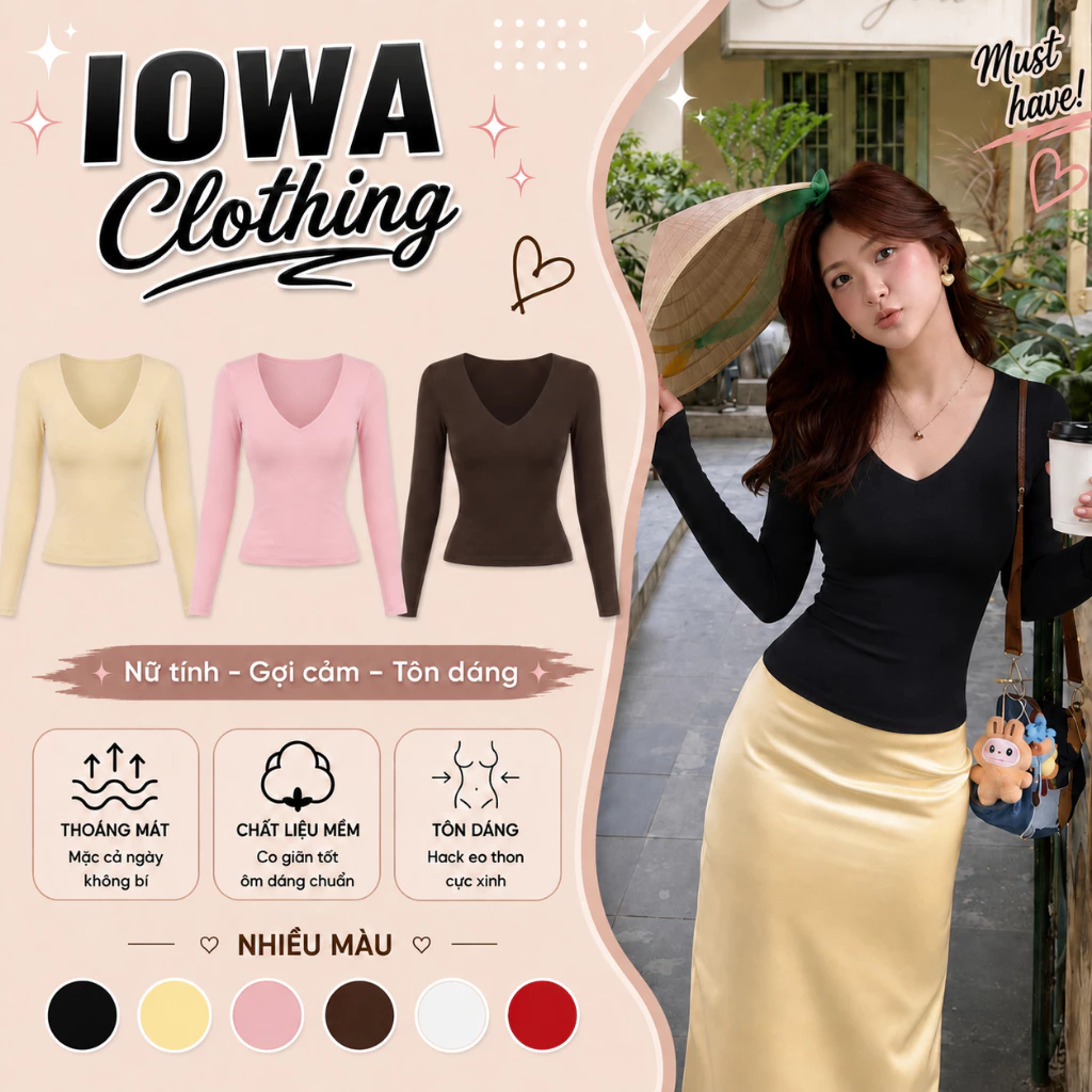 [MỞ BÁN] Áo Thun Nữ Cổ Tim Khoét Sâu Tay Dài Ôm Body IOWA DD145 - Chất Borip Lụa Co Giãn, Mềm Mịn