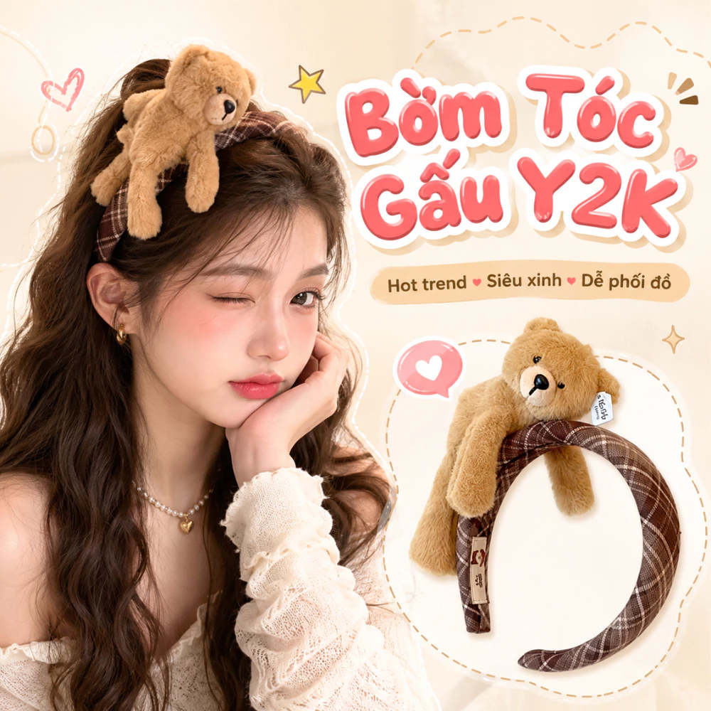 Bờm Tóc Gấu Bông Y2K Sọc Kẻ Retro, Băng Đô Tóc Dễ Thương Hottrend, Kẹp Tóc Gấu Phụ Kiện Nữ
