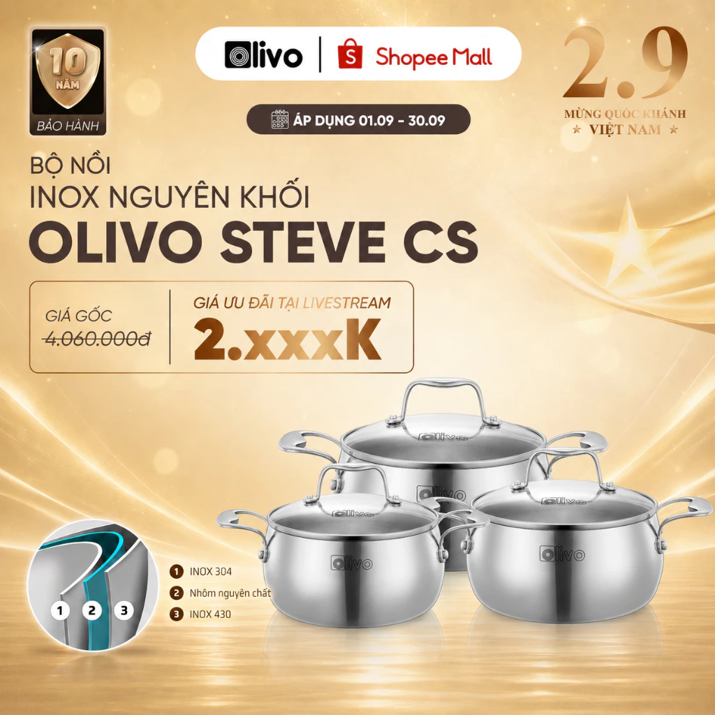 Bộ Nồi Inox OLIVO Steve CS1885, CS2010, CS2412 – Nguyên Khối 3 Lớp, Dùng Mọi Loại Bếp, Luộc Gà, Kho, Hầm, Nấu Canh