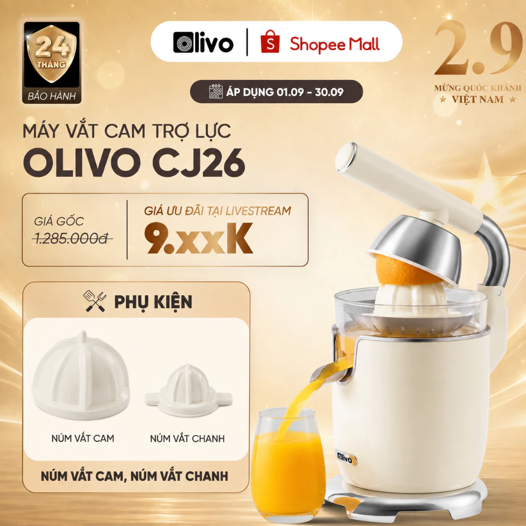Máy Vắt Cam Trợ Lực OLIVO CJ26 600W – Vắt Kiệt Tối Ưu Không Mỏi Tay, Lưới Lọc Inox,  2 Đầu Ép Cam, Chanh