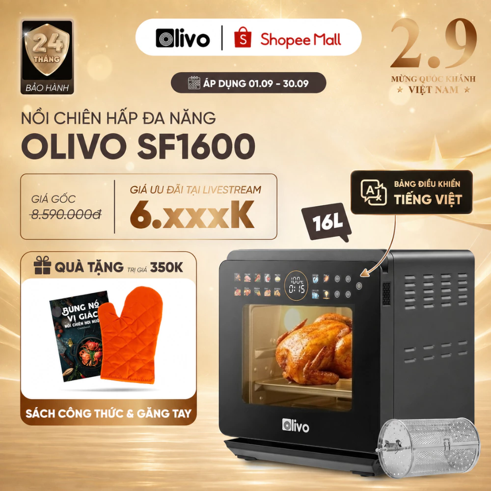Nồi Chiên Hấp Đa Năng OLIVO SF1600 16L Bản Cao Cấp, 70 Chế Độ, Màn Hình OLED Tiếng Việt Cảm Ứng Cải Tiến Mới