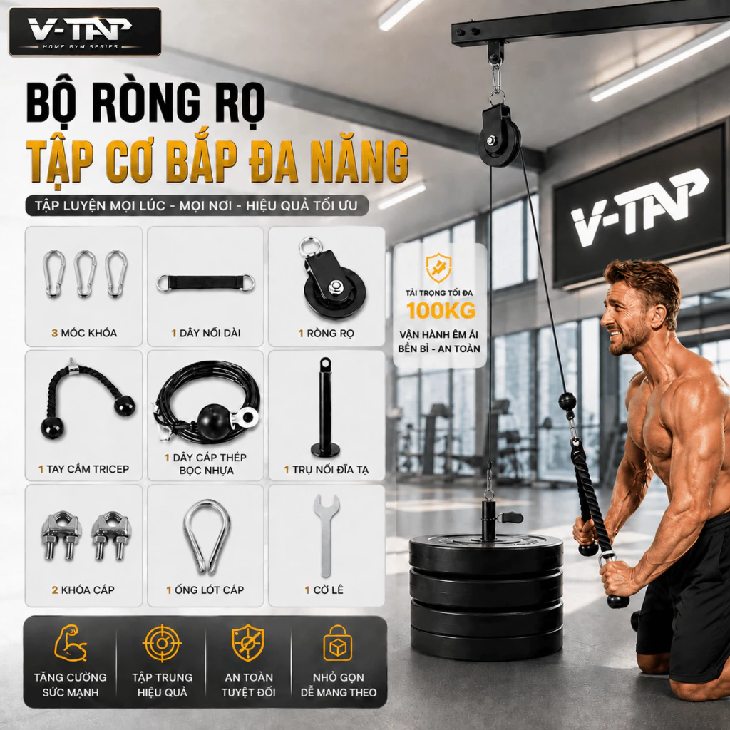 Bộ dây cáp ròng rọc tập Xô Lưng Tay Vai, Thiết bị tập Gym tại nhà đa năng, Phụ kiện kéo cáp tập Gym