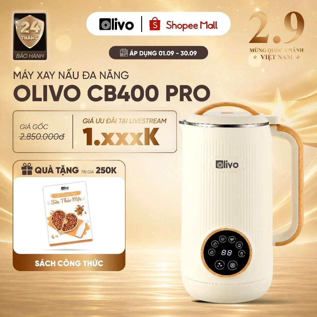 Máy Làm Sữa Hạt Mini OLIVO CB400 PRO 600ml – Máy Xay Nấu Đa Năng – Nắp Inox 304 – Lưỡi Dao 10 Cánh