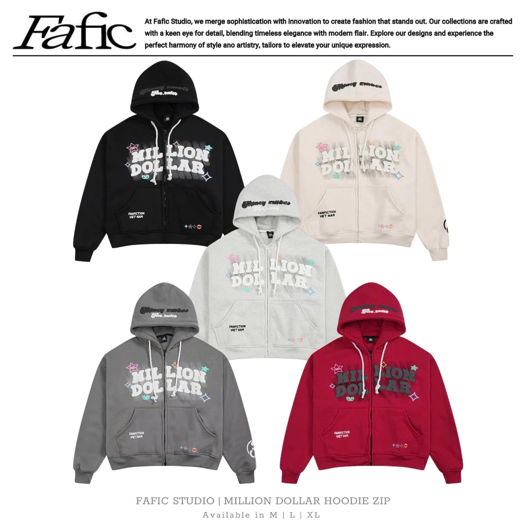 Áo khoác nỉ bông In nỗi Boxy Millon D0llar khoác Jacket FAFIC studio nỉ bông khóa 2 chiều Nam Menswear - Hoodie, Dài Tay