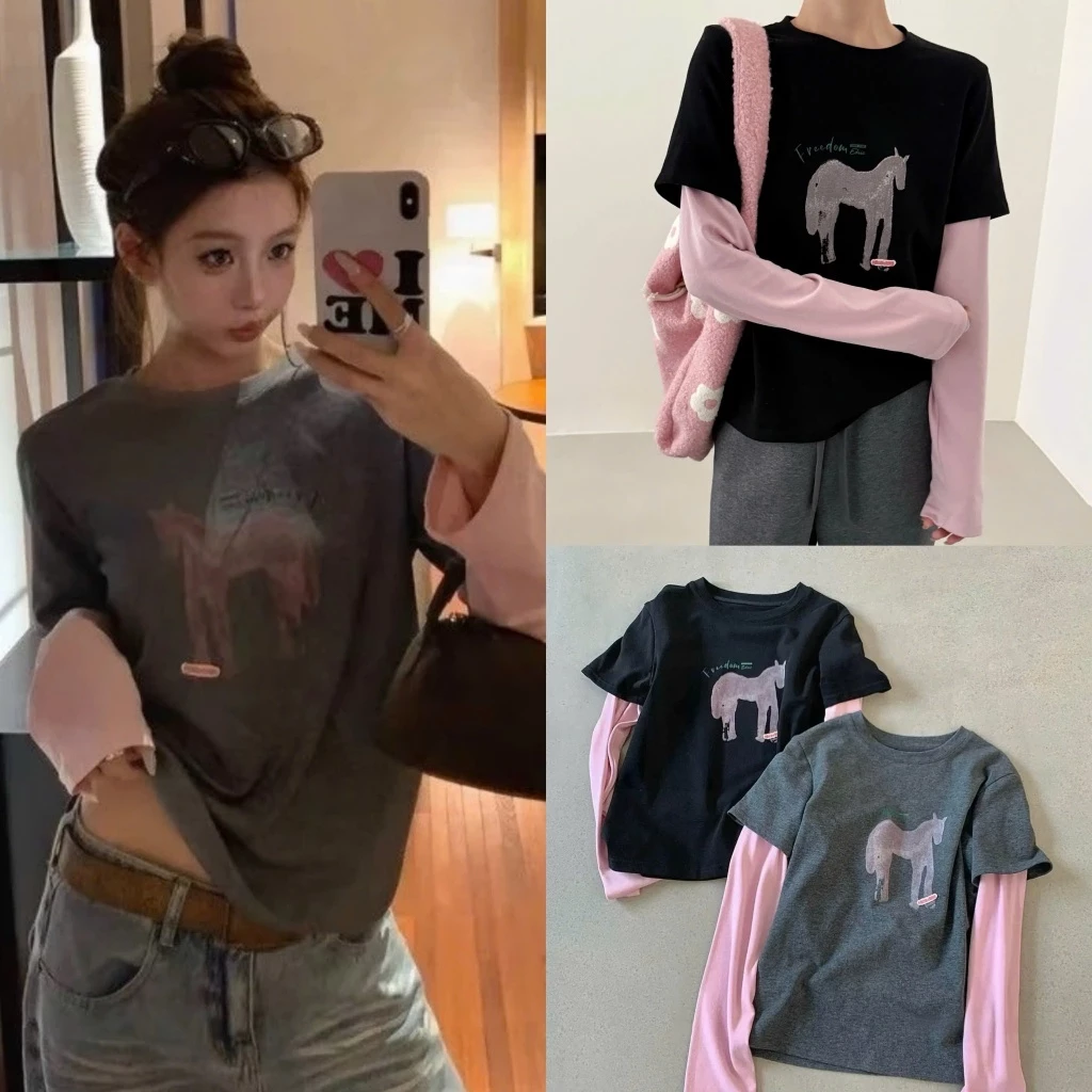 Áo dài tay thun cotton họa tiết ngựa hồng phối tay hồng màu đen và xám - TikTik