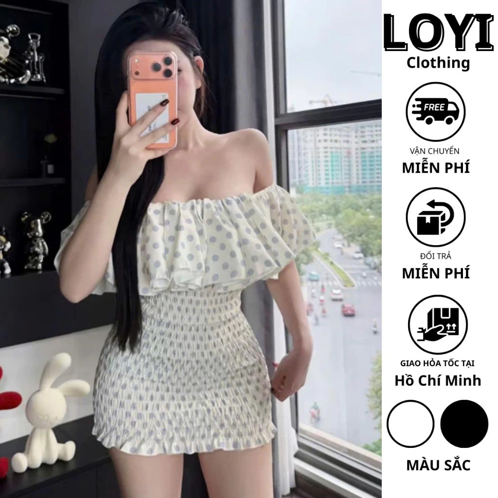 [Hỏa Tốc] Đầm Cúp Quây Chun Trễ Vai Chấm Bi, Váy Nữ Ôm Dáng Tiểu Thư Sang Chảnh, Đi Chơi, Đi Du Lịch