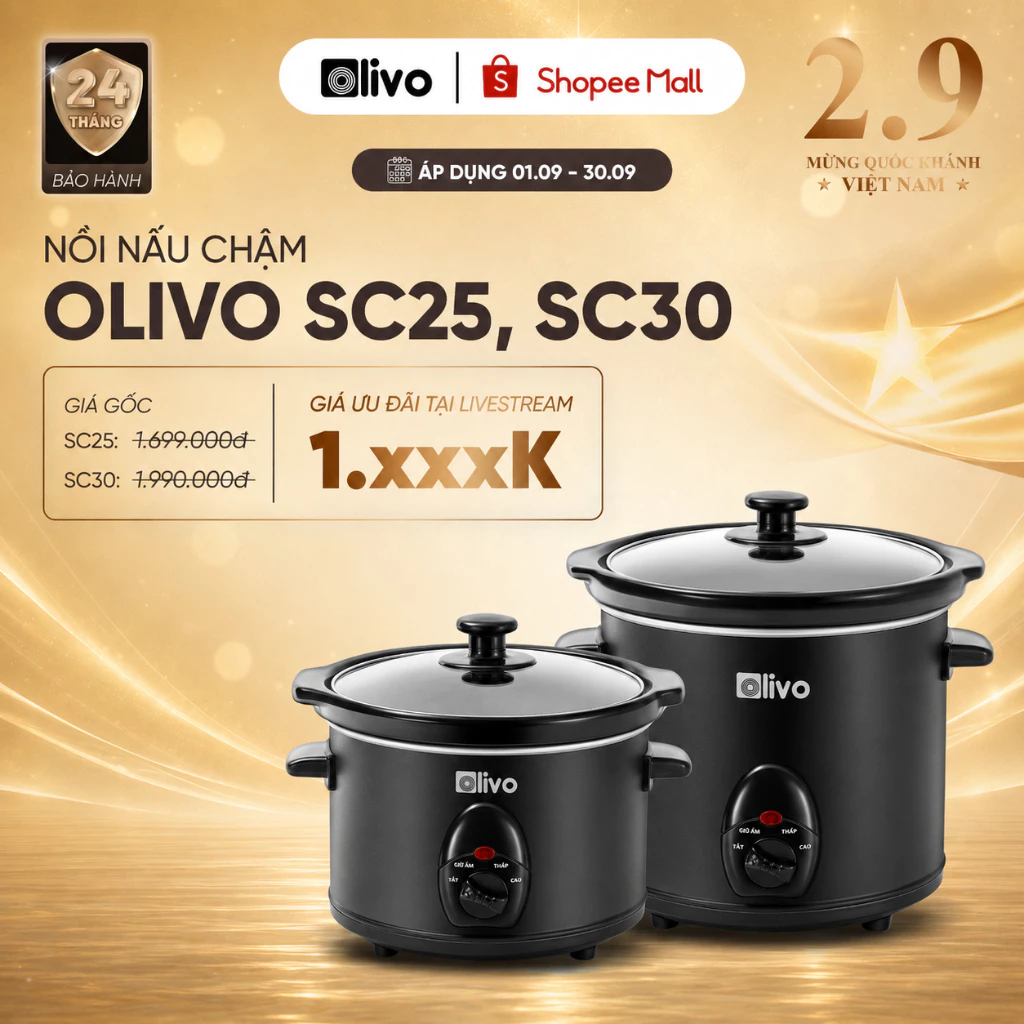 Nồi Nấu Chậm OLIVO SC25 2.5L, SC30 3L – Lòng Gốm Tráng Men – 3 Mức Nhiệt – Nấu Cháo, Kho Cá, Hầm - Nắp Kính Cường Lực