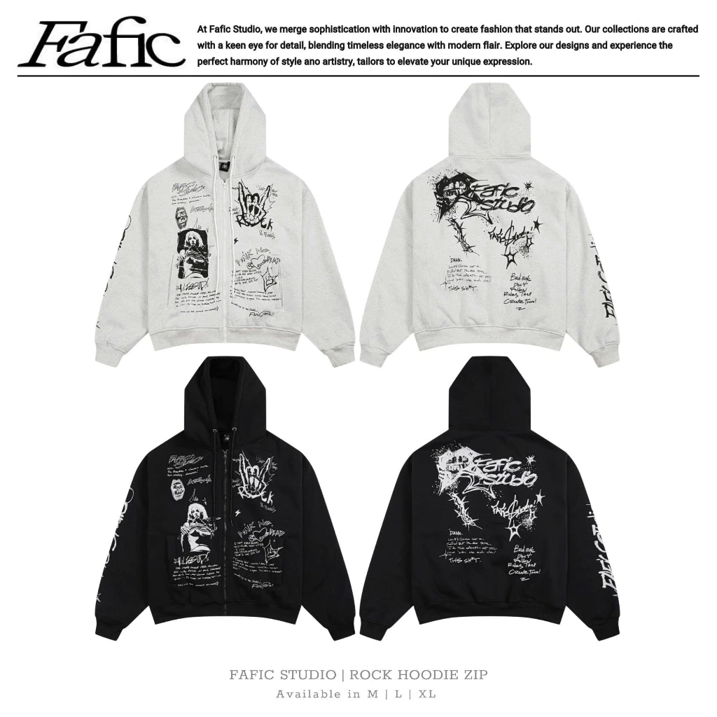 Áo khoác zip dây kéo nỉ Bông ROCK thêu khoác Jacket FAFIC studio 400gsm nữ Menswear