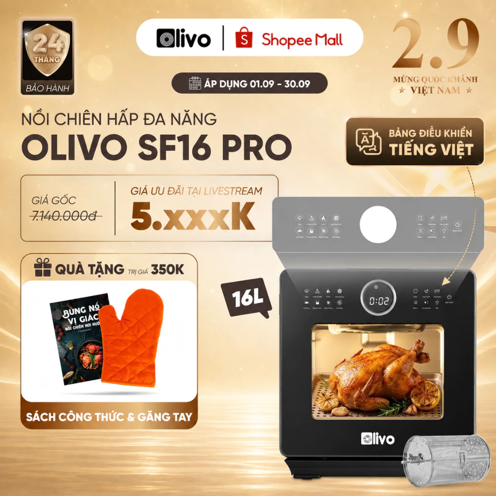 Nồi Chiên Hơi Nước OLIVO SF16 PRO Bản Có Chú Thích 16L – Nồi Chiên Hấp 70 Chức Năng – Phụ Kiện Inox 304