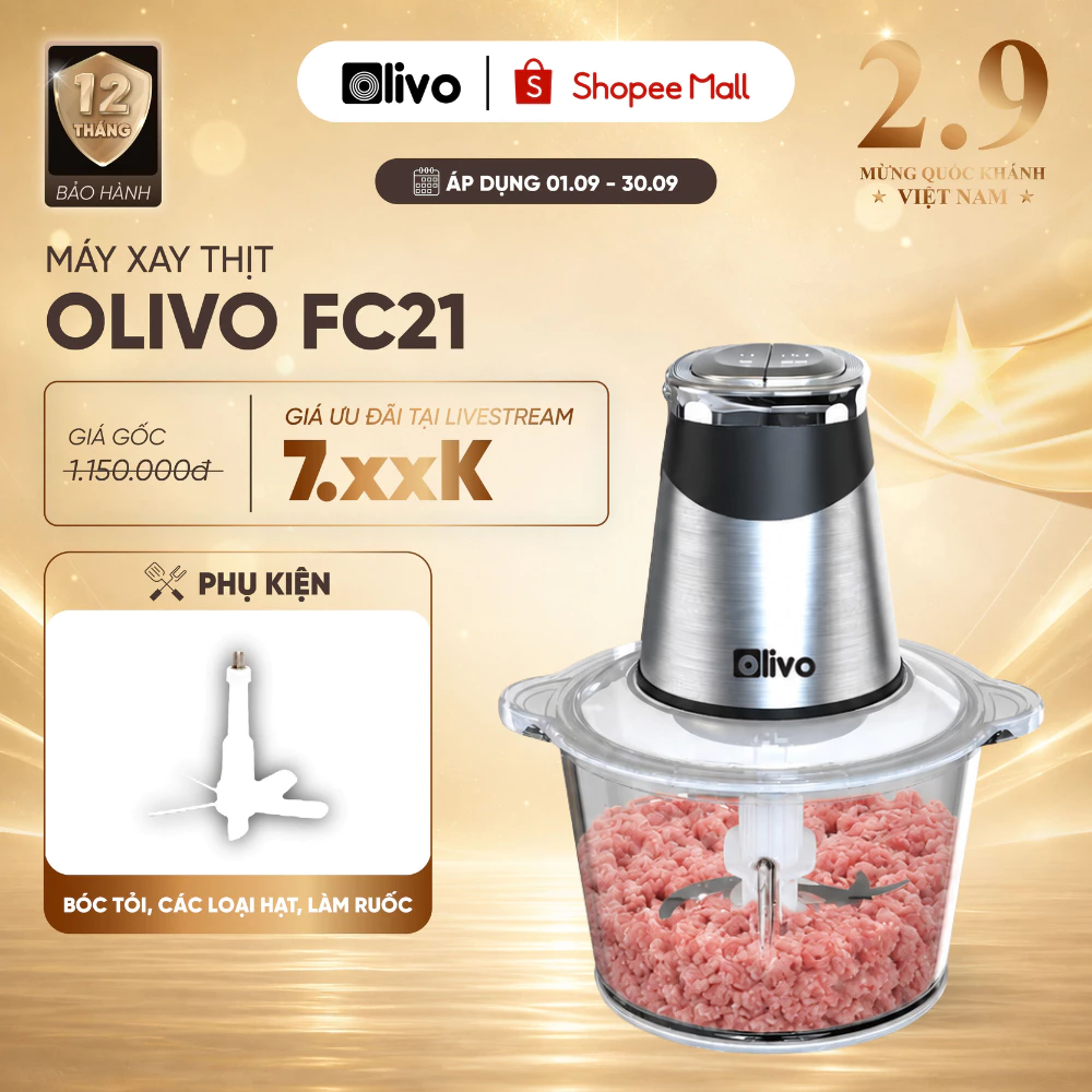 Máy Xay Thịt Đa Năng OLIVO FC21 2.1L - Cối Thủy Tinh Cao Cấp - Công Suất 500W - Xay Cua, Xay Mọc,..