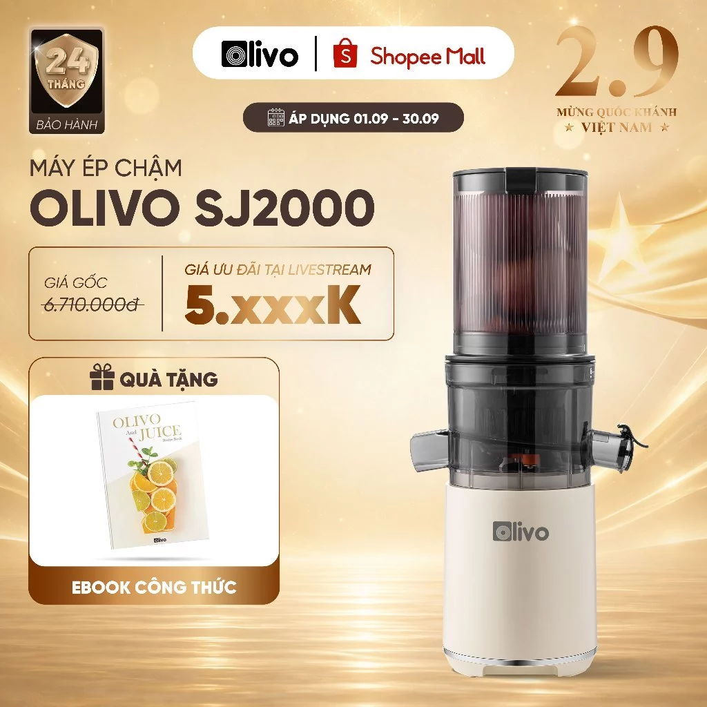 Máy Ép Chậm OLIVO SJ2000 - Máy Ép Trái Cây Tự Động Cắt Nhỏ Rau Củ - Ép Kiệt 98% - Khoang Tiếp Lớn