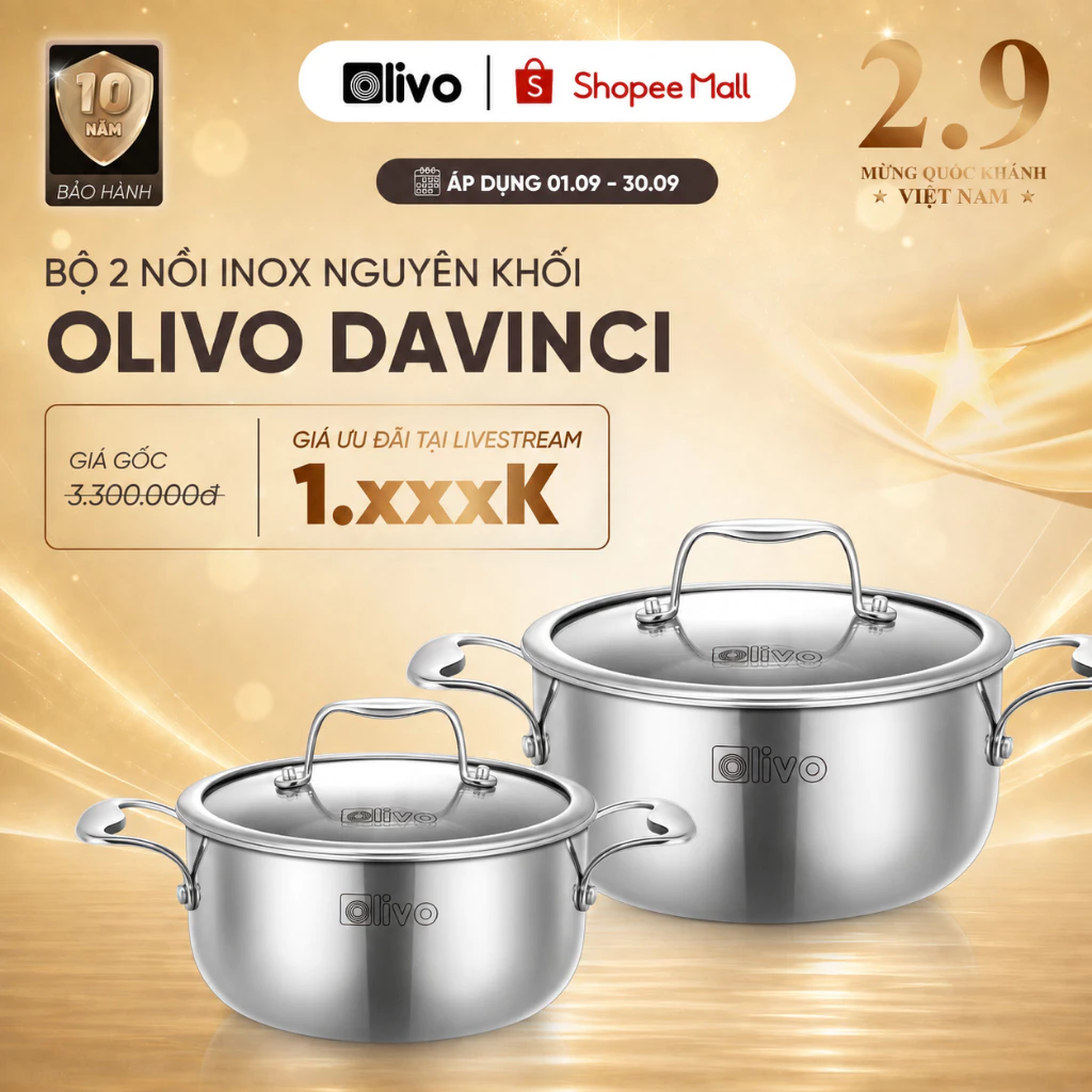 Bộ Nồi Inox 3 Lớp OLIVO Davinci CD2010, CD2413 – Bền Đẹp – Không Gỉ – Dùng Được Mọi Loại Bếp – Size 20/24cm - BH 10 Năm