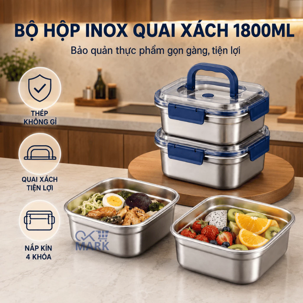 Hộp Đựng Thực Phẩm 1800ml Nắp Khóa 4 Cạnh Chống Tràn Bảo Quản Đồ Ăn Tiện Lợi
