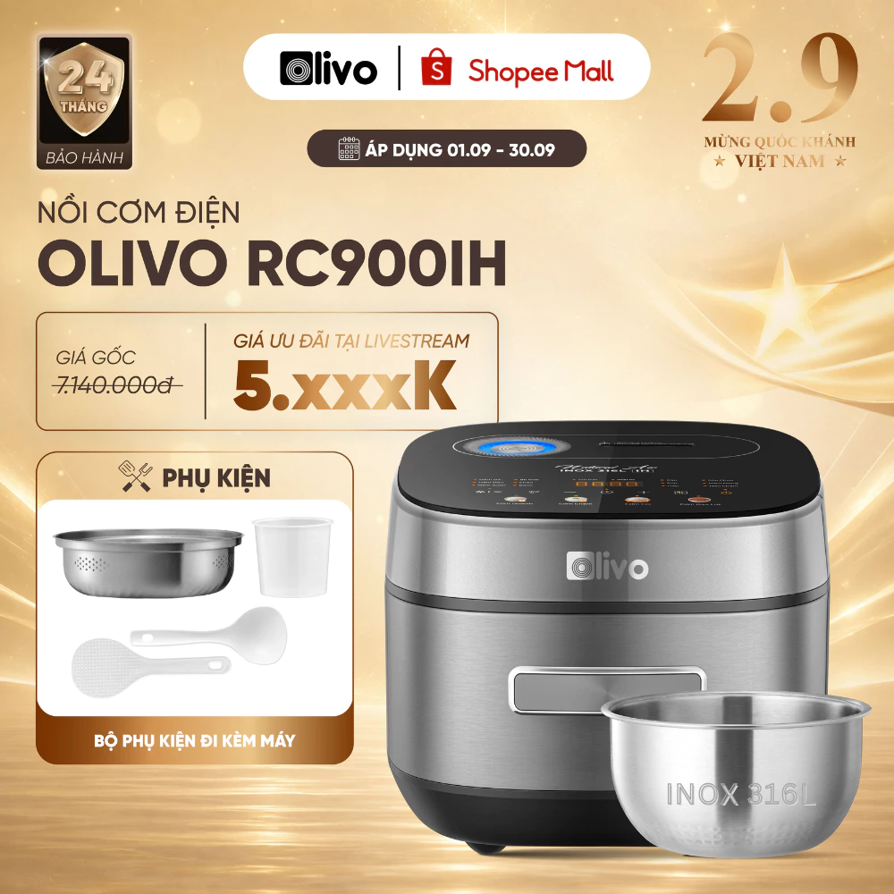 Nồi Cơm Điện Cao Tần Lòng Inox 316L OLIVO RC900IH - Dung tích 1.5L – Nấu Cơm Cháy, Gạo Lứt - Công Nghệ Induction Heating