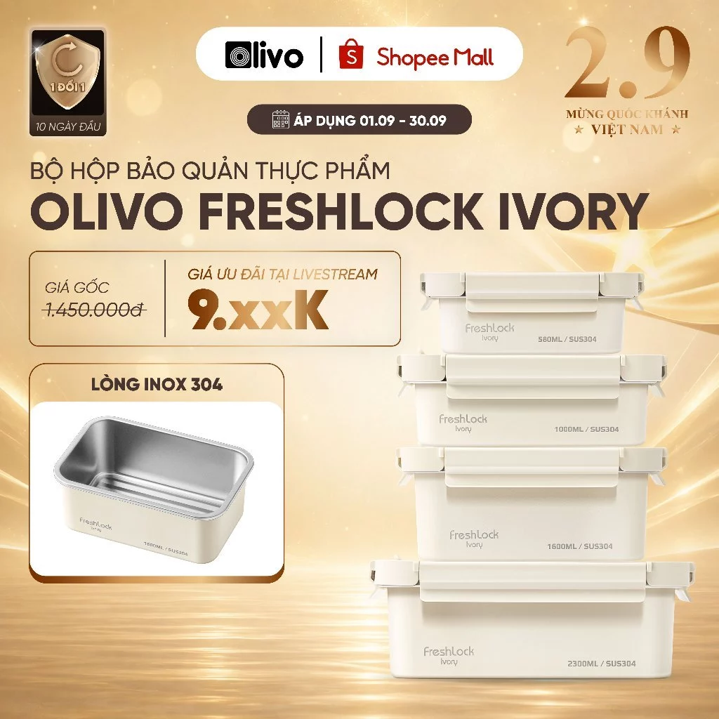 Bộ 4 Hộp Đựng Thực Phẩm Inox 304 OLIVO FreshLock Ivory - Nắp AS Ko Chứa BPA  An Toàn - Chống Rò Rỉ