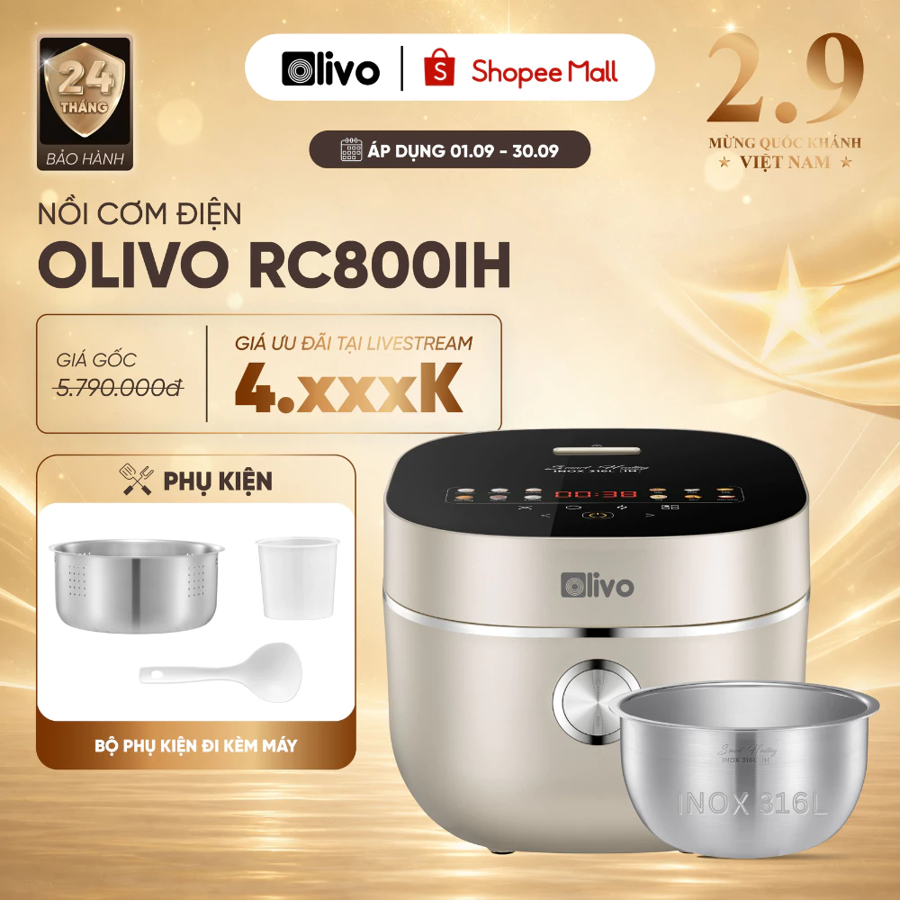 Nồi Cơm Điện Cao Tần OLIVO RC800IH 1.5L – Lòng Inox 316L, Công Nghệ Smart Heating, 14 Chế Độ - Nấu Cơm Gạo Lứt