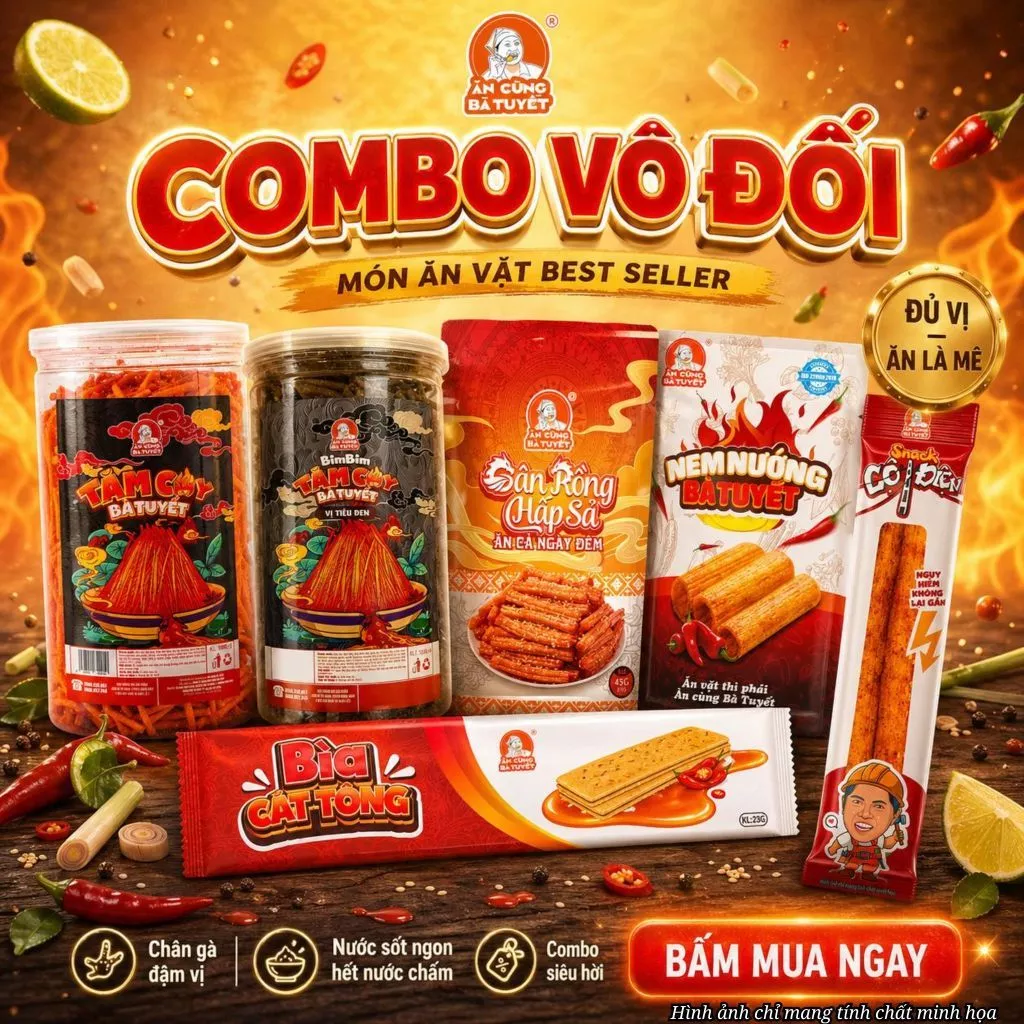 COMBO VÔ ĐỐI : 2 HŨ TĂM CAY TIÊU ĐEN VÀ TIÊU ĐỎ + 13 GÓI SNACK ƯỚT - ĂN CÙNG BÀ TUYẾT