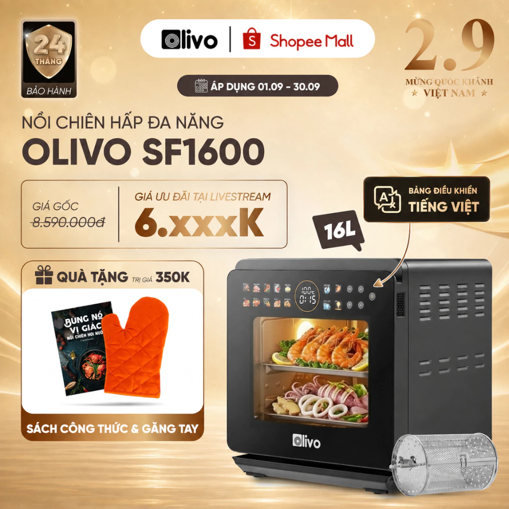 Nồi Chiên Hơi Nước OLIVO SF1600 16L 2026, 70 Chế Độ, Bản Cải Tiến Màn OLED Tiếng Việt Cảm Ứng