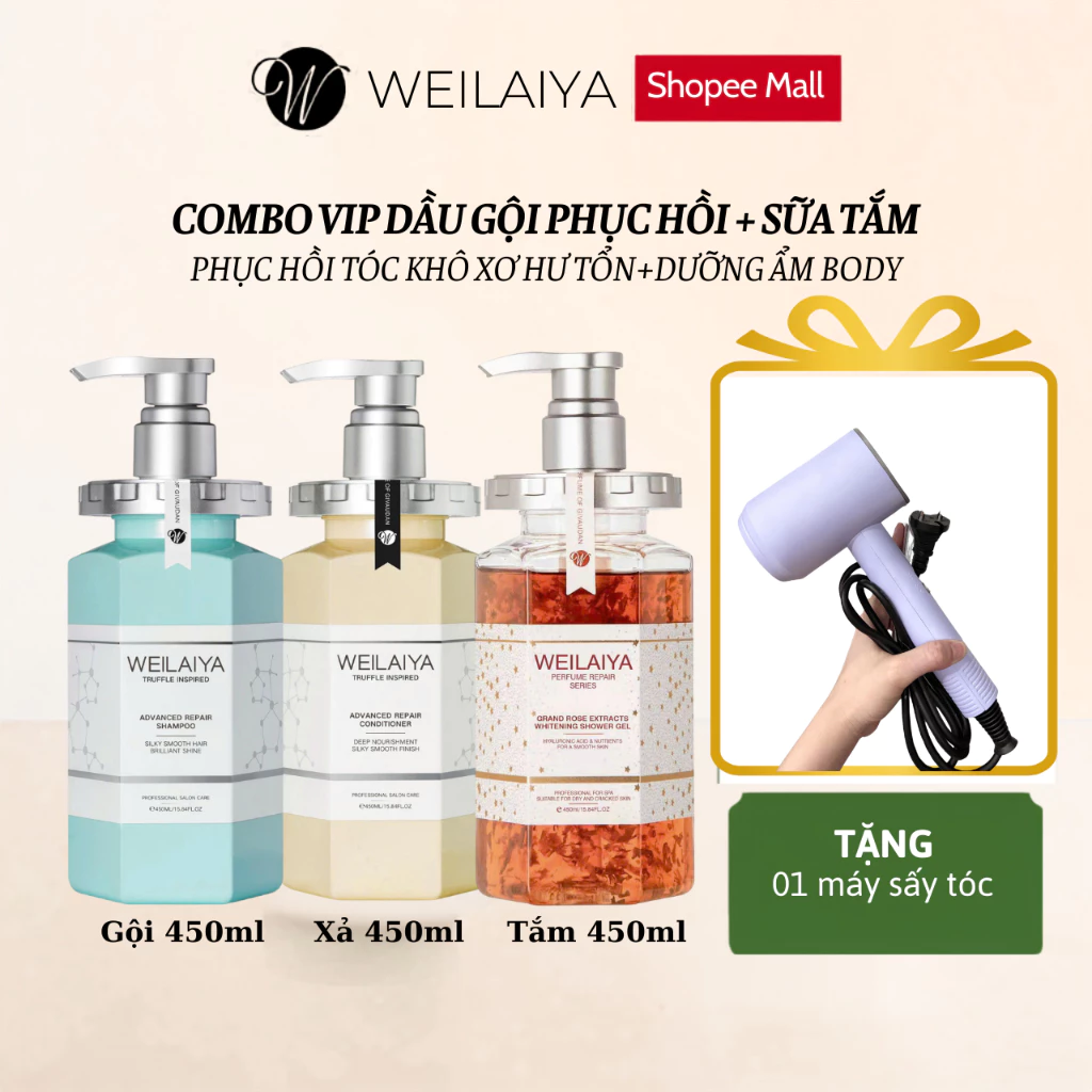 Combo VIP Gội Xả Phục Hồi Nấm Truffle và Sữa Tắm Dưỡng Trắng Da Weilaiya, TẶNG MÁY SẤY TÓC