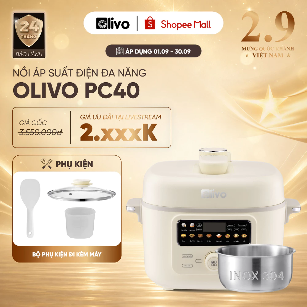 Nồi Áp Suất Điện Đa Năng Olivo PC40 Lòng Inox 304 4L – Màn OLED – Hầm Xương, Nấu Cơm, Lẩu, Xào - 2 Nắp Linh Hoạt - 1300W