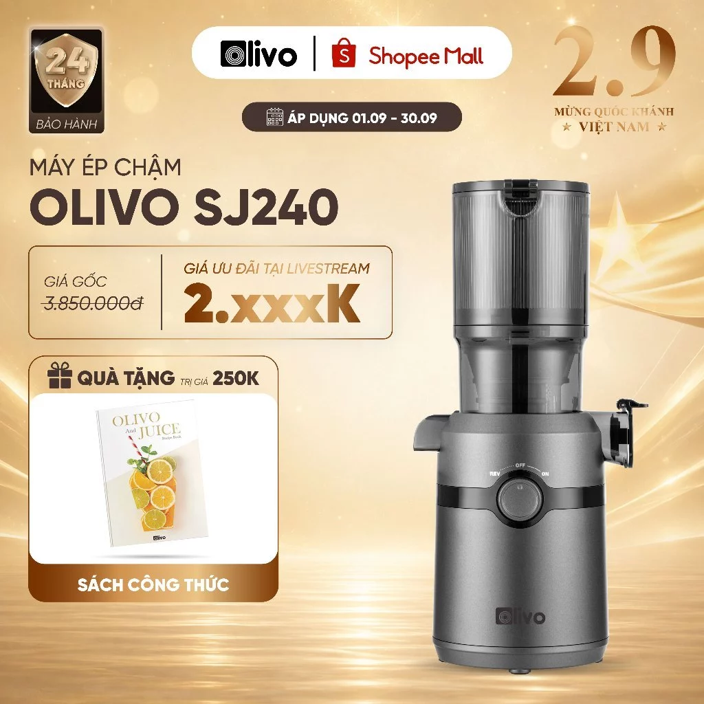 Máy Ép Chậm OLIVO SJ240 - Máy Ép Trái Cây, Rau Củ Kiệt Bã 98% - Làm Kem Hoa Quả - Cổ Ép Rộng - Dễ Vệ Sinh