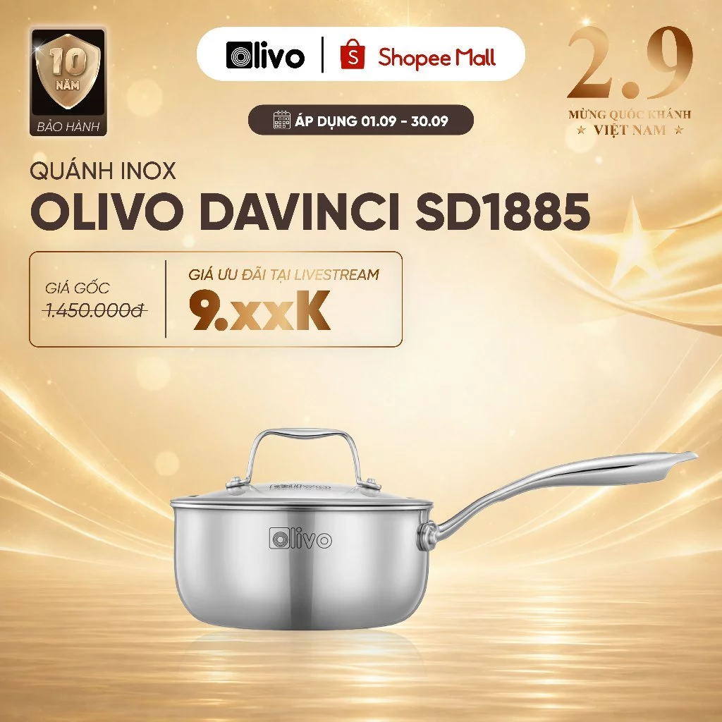 Quánh Inox Nguyên Khối OLIVO Davinci SD1885 Size 18 - Sâu Lòng 8.5cm – 3 Lớp, Dùng Mọi Loại Bếp