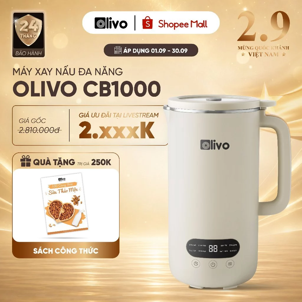 Máy Làm Sữa Hạt Mini OLIVO CB1000 1L - Máy Xay Nấu Đa Năng, Nắp Kính Cường Lực & INOX, Chống Tràn, Xay Mịn