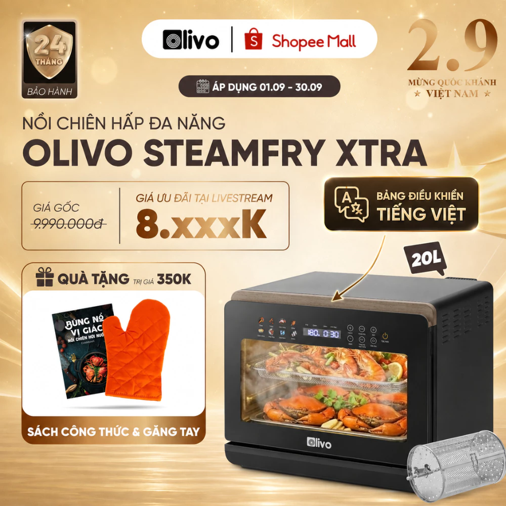 Nồi Chiên Hấp Đa Năng OLIVO 20L SteamFry Xtra – Màn Hình OLED Tiếng Việt Cải Tiến - 70 Chế Độ Nấu Cài Sẵn