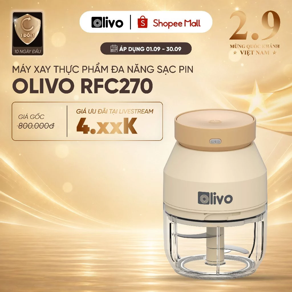 Máy Xay Thực Phẩm Đa Năng OLIVO RFC270 – Sạc Pin Bền Bỉ - Dung Tích 270ml - Xay Tỏi Ớt, Xay Thịt
