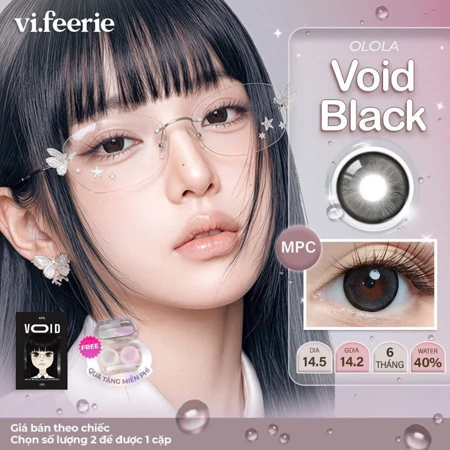 (OLOLA) Kính Áp Tròng Lens Đen 14.5 Tự Nhiên Giãn Tròng To Có Viền KIVR VOID BLACK 6 tháng đủ độ cận - Vi Feerie Lens