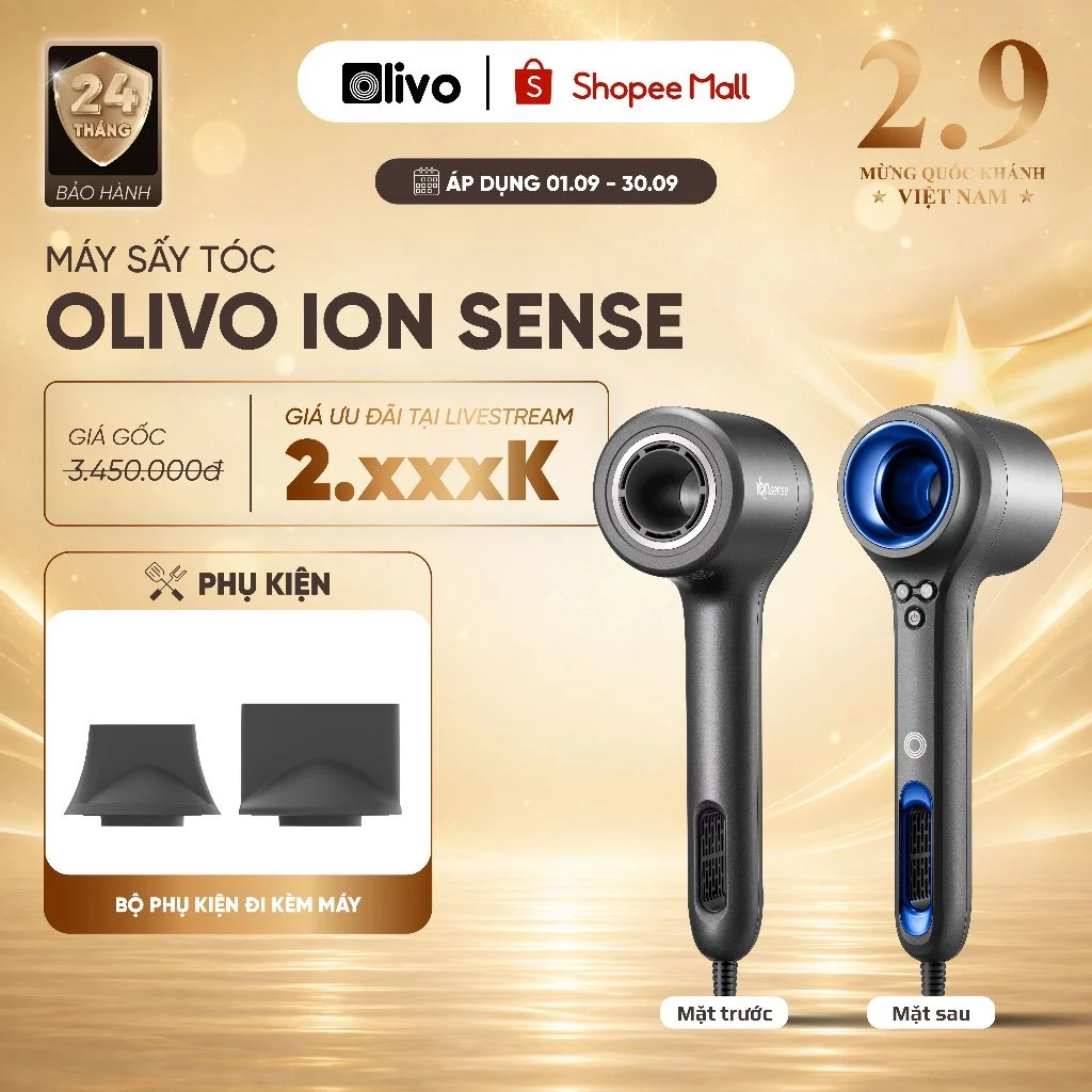 Máy Sấy Tóc Olivo IonSense 1500W - Công Nghệ Sấy Ion Âm - Động Cơ BLDC - 9 Chế Độ - Mượt Tóc, Giảm Hư Tổn