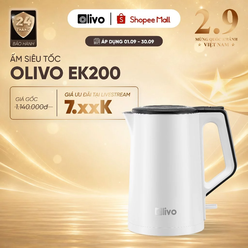 Ấm Siêu Tốc OLIVO EK200 1.5L – Lòng Ấm Inox 304 An Toàn - Công Suất 1500W – Bảo Vệ 4 Lớp An Toàn