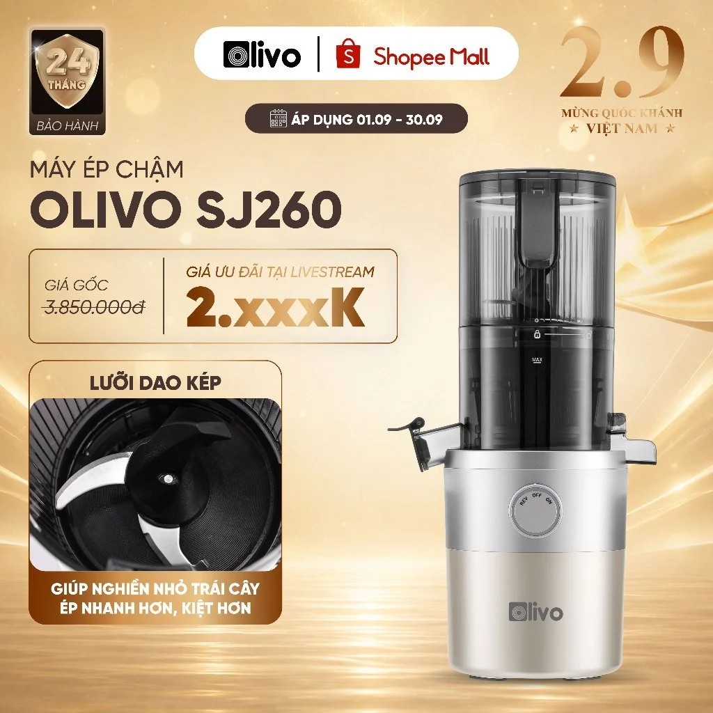 Máy Ép Chậm OLIVO SJ260 Solara - Lưỡi Dao Kép, Ép Mix Rau Củ Trái Cây - Cổ Ép Lớn 12.1cm